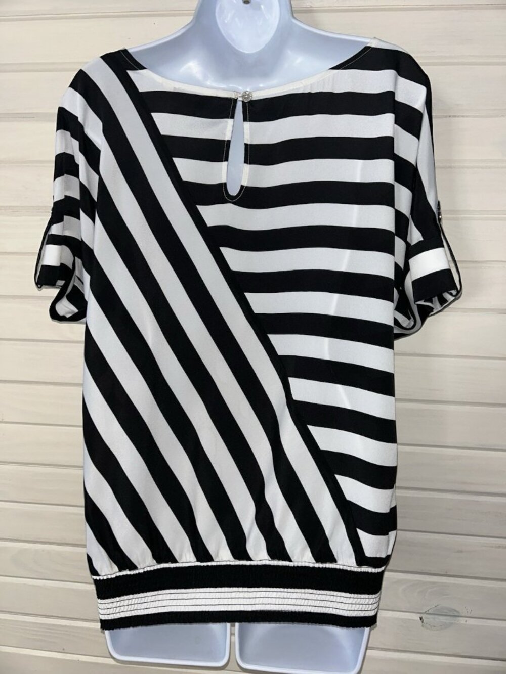 WHBM Sz SMALL Black White Mixed Stripe Top Dolman Sleeve Boat Neck EUC - Picture 7 of 12
